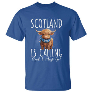 Scotland is Calling and I must Go Highland Cow T Shirt TS09 Royal Blue Print Your Wear