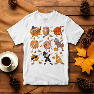 Dabbing Turkey T Rex Pilgrim Pumpkin Pie Funny Thanksgiving T Shirt TS09 White Printyourwear