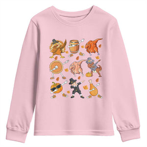 Funny Thanksgiving Youth Sweatshirt Dabbing Turkey T Rex Pilgrim Pumpkin Pie TS09 Light Pink Print Your Wear