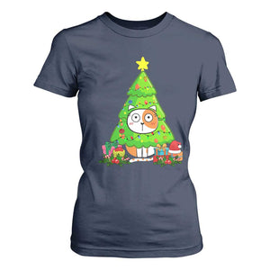 Funny Xmas Cat T Shirt For Women What? Cat Pushing Christmas Tree Mischievous Cat Lover TS09 Navy Print Your Wear