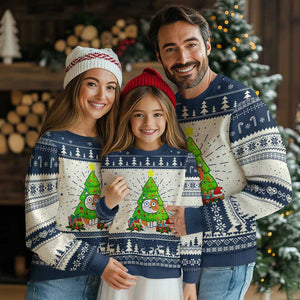 Funny Xmas Cat Ugly Christmas Sweater What? Cat Pushing Christmas Tree Mischievous Cat Lover TS09 Navy Print Your Wear