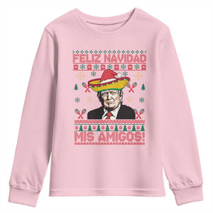 Funny Mexico Christmas Trump Youth Sweatshirt Feliz Navidad Mis Amigosi Mexican Sombrero Santa TS09 Light Pink Print Your Wear