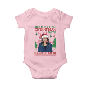 Xmas Kamala 2024 Baby Onesie This Is My First Christmas With Madam President TS09 Light Pink Print Your Wear