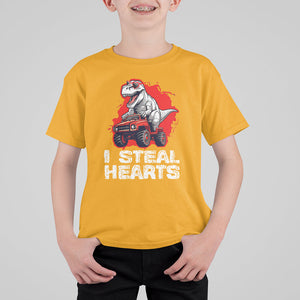 Valentine's Day T Shirt For Kid I Steal Hearts Cool Dinosaur Riding Monster Truck TS09 Gold Printyourwear