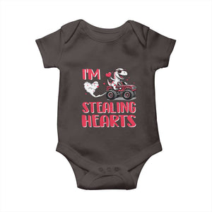 Valentine's Day Baby Onesie I Steal Hearts Cute Dinosaur Riding Monster Truck TS09 Dark Chocolate Print Your Wear