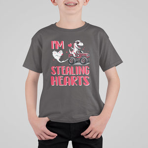 Valentine's Day T Shirt For Kid I Steal Hearts Cute Dinosaur Riding Monster Truck TS09 Dark Chocolate Printyourwear