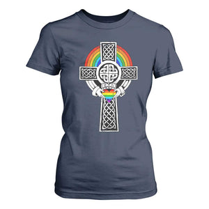 Rainbow Celtic Claddagh Cross T Shirt For Women TS09 Navy Print Your Wear