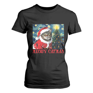 Santa Cat Christmas T Shirt For Women Meowy Catmas Starry Night Christmas Tree TS09 Black Print Your Wear