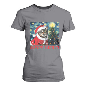 Santa Cat Christmas T Shirt For Women Meowy Catmas Starry Night Christmas Tree TS09 Charcoal Print Your Wear