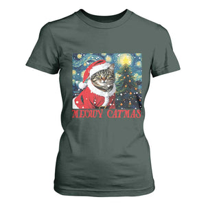 Santa Cat Christmas T Shirt For Women Meowy Catmas Starry Night Christmas Tree TS09 Dark Forest Green Print Your Wear