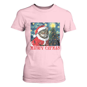 Santa Cat Christmas T Shirt For Women Meowy Catmas Starry Night Christmas Tree TS09 Light Pink Print Your Wear