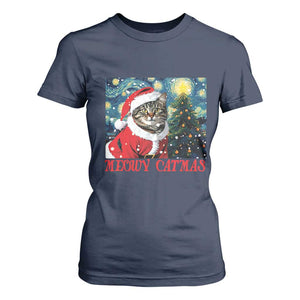 Santa Cat Christmas T Shirt For Women Meowy Catmas Starry Night Christmas Tree TS09 Navy Print Your Wear