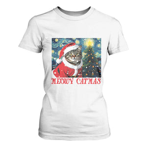 Santa Cat Christmas T Shirt For Women Meowy Catmas Starry Night Christmas Tree TS09 White Print Your Wear