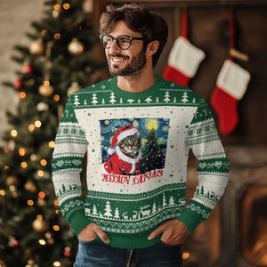 Santa Cat Xmas Ugly Christmas Sweater Meowy Catmas Starry Night Christmas Tree TS09 Green Print Your Wear