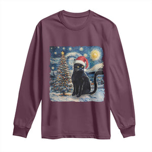 Christmas Black Cat Long Sleeve Shirt Meowy Catmas Starry Night Santa Cat TS09 Maroon Print Your Wear
