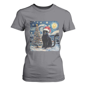 Christmas Black Cat T Shirt For Women Meowy Catmas Starry Night Santa Cat TS09 Charcoal Print Your Wear