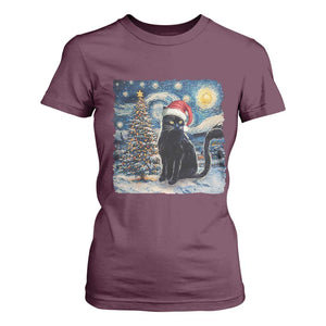 Christmas Black Cat T Shirt For Women Meowy Catmas Starry Night Santa Cat TS09 Maroon Print Your Wear