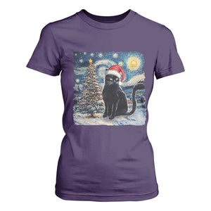 Christmas Black Cat T Shirt For Women Meowy Catmas Starry Night Santa Cat TS09 Purple Print Your Wear