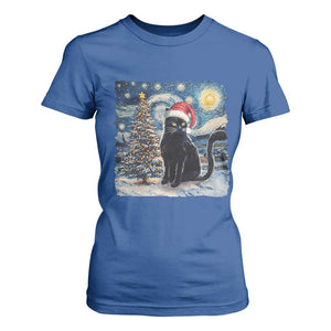 Christmas Black Cat T Shirt For Women Meowy Catmas Starry Night Santa Cat TS09 Royal Blue Print Your Wear