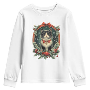 Christmas Cat Youth Sweatshirt Vintage Kitten Royal Holly Victorian Wreath TS09 White Print Your Wear