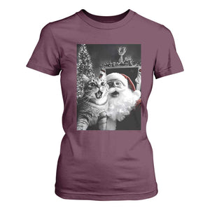 Funny Christmas Cat Selfie With Santa T Shirt For Women TS09 Maroon Print Your Wear