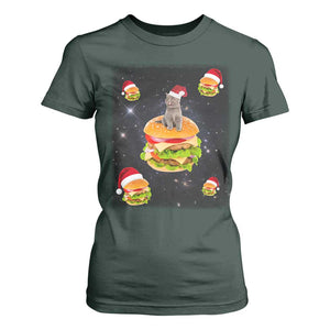 Funny Christmas Cat T Shirt For Women Santa Cat Hamburger Lover Galaxy Outer Space TS09 Dark Forest Green Print Your Wear