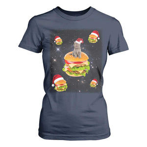 Funny Christmas Cat T Shirt For Women Santa Cat Hamburger Lover Galaxy Outer Space TS09 Navy Print Your Wear