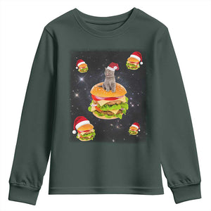 Funny Christmas Cat Youth Sweatshirt Santa Cat Hamburger Lover Galaxy Outer Space TS09 Dark Forest Green Print Your Wear