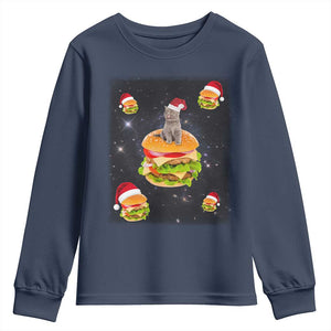 Funny Christmas Cat Youth Sweatshirt Santa Cat Hamburger Lover Galaxy Outer Space TS09 Navy Print Your Wear
