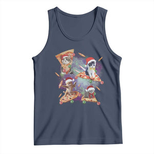Funny Christmas Cat Tank Top Santa Cat Riding Pizza Galaxy Outer Space TS09 Navy Print Your Wear