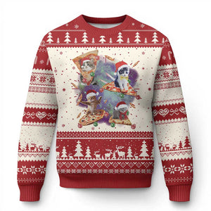 Funny Xmas Cat Ugly Christmas Sweater Santa Cat Riding Pizza Galaxy Outer Space TS09 Red Print Your Wear