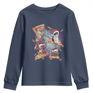 Funny Christmas Cat Youth Sweatshirt Santa Cat Riding Pizza Galaxy Outer Space TS09 Navy Print Your Wear