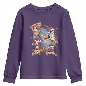 Funny Christmas Cat Youth Sweatshirt Santa Cat Riding Pizza Galaxy Outer Space TS09 Purple Print Your Wear