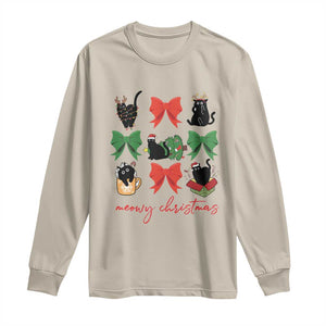 Funny Christmas Black Cat Long Sleeve Shirt Meowy Christmas Cute Cats Coquette Bow TS09 Sand Print Your Wear