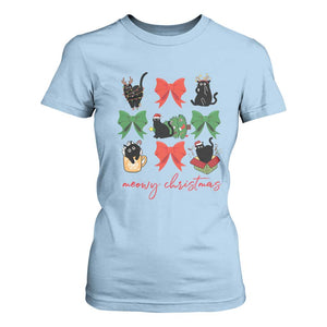 Funny Christmas Black Cat T Shirt For Women Meowy Christmas Cute Cats Coquette Bow TS09 Light Blue Print Your Wear