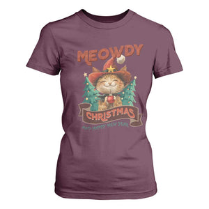 Christmas Cowboy Cat T Shirt For Women Meowdy Christmas And Happy Mew Year TS09 Maroon Print Your Wear