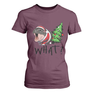 Funny Christmas Moo Deng T Shirt For Women What Baby Hippo Pushing Christmas Tree TS09 Maroon Print Your Wear