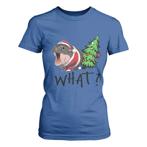 Funny Christmas Moo Deng T Shirt For Women What Baby Hippo Pushing Christmas Tree TS09 Royal Blue Print Your Wear