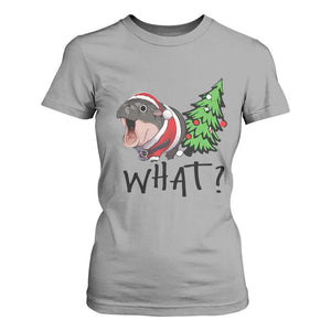 Funny Christmas Moo Deng T Shirt For Women What Baby Hippo Pushing Christmas Tree TS09 Sport Gray Print Your Wear
