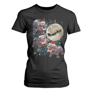 Funny Christmas Moo Deng T Shirt For Women Baby Hippo Santa Sleigh Galaxy Outer Space TS09 Black Print Your Wear