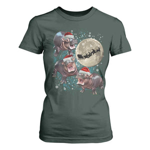 Funny Christmas Moo Deng T Shirt For Women Baby Hippo Santa Sleigh Galaxy Outer Space TS09 Dark Forest Green Print Your Wear