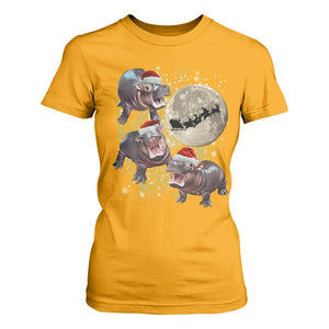Funny Christmas Moo Deng T Shirt For Women Baby Hippo Santa Sleigh Galaxy Outer Space TS09 Gold Print Your Wear