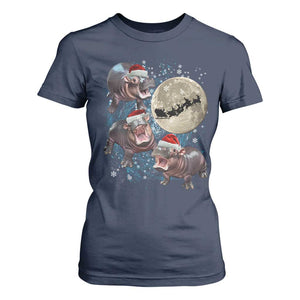 Funny Christmas Moo Deng T Shirt For Women Baby Hippo Santa Sleigh Galaxy Outer Space TS09 Navy Print Your Wear
