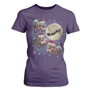 Funny Christmas Moo Deng T Shirt For Women Baby Hippo Santa Sleigh Galaxy Outer Space TS09 Purple Print Your Wear