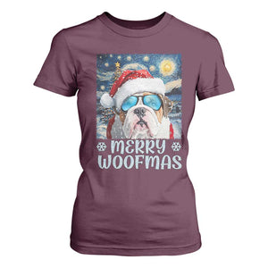 Funny Xmas Bulldog T Shirt For Women Merry Woofmas Christmas Starry Night Dog Lover TS09 Maroon Print Your Wear