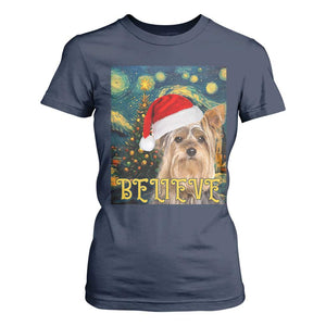 Funny Xmas Yorkshire T Shirt For Women Believe Christmas Starry Night Dog Lover TS09 Navy Print Your Wear
