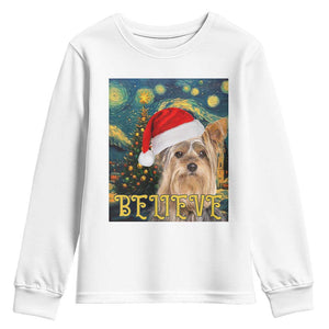 Funny Xmas Yorkshire Youth Sweatshirt Believe Christmas Starry Night Dog Lover TS09 White Print Your Wear