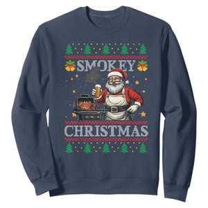 Funny Xmas Grilling Sweatshirt Smokey Christmas BBQ Santa Grill Roast On Smoker TS09 Navy Print Your Wear
