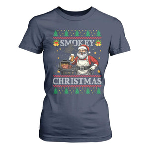 Funny Xmas Grilling T Shirt For Women Smokey Christmas BBQ Santa Grill Roast On Smoker TS09 Navy Print Your Wear