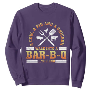 Funny BBQ Lover Sweatshirt A Cow A Pig And A Chicken Walk Into A Bar B Q Barbecue Pitmaster TS09 Purple Print Your Wear